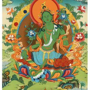 Green Tara thangka art print with Tibetan Buddhist goddess seated on lotus throne