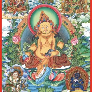 Five Dzambhala thangka art print featuring the Buddhist wealth deities in a traditional mandala composition