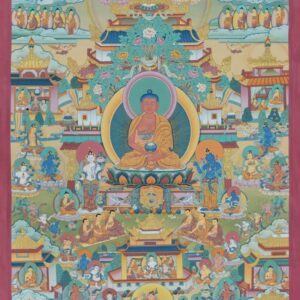 High-quality Amitabha Pure Land (Sukhavati) thangka art print depicting the Western Paradise of Buddha Amitabha in Tibetan Buddhism.