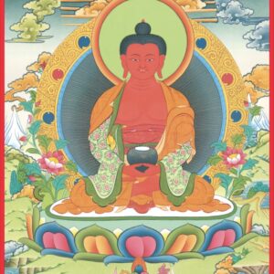 Amitabha Buddha thangka art print depicting the Buddha of Infinite Light seated on a lotus throne in Tibetan Pure Land style