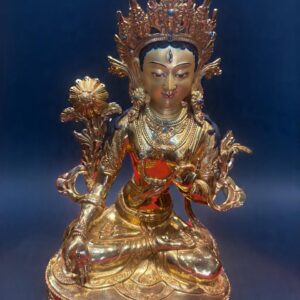 Handcrafted White Tara meditation goddess statue with 24K gold gilding and copper body – front view