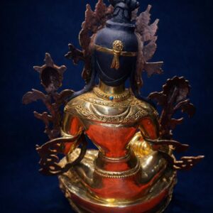 Handcrafted Green Tara peaceful goddess statue with 24K gold gilding and copper body – front view