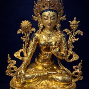 Handcrafted Green Tara peaceful goddess statue with 24K gold gilding and copper body – front view