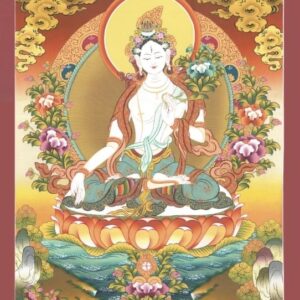White Tara thangka art print depicting the Tibetan Buddhist goddess of longevity and compassion seated on a lotus throne